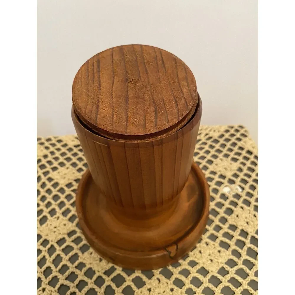 Antique Turned Maple Wood Lidded Cylindric Canister Lid Having Button Cap Finial
